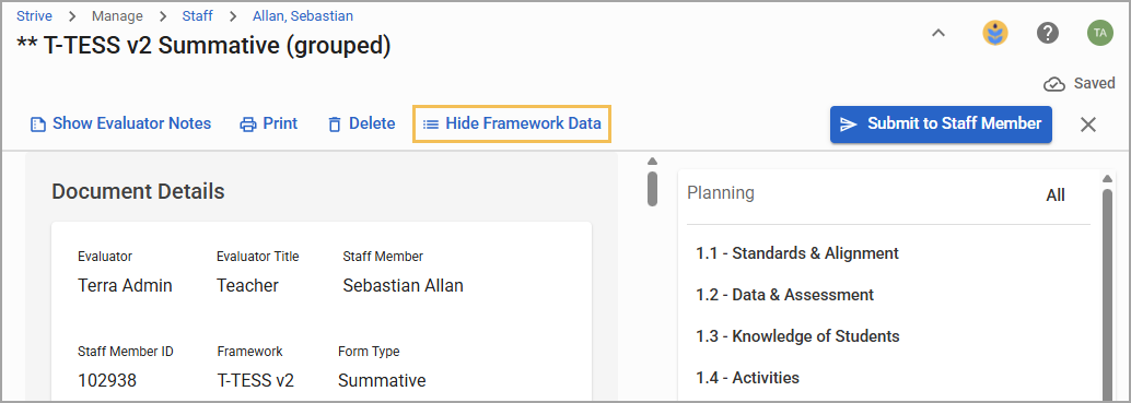 A summative evaluation showing document details, Hide Framework Data, and the framework panel.